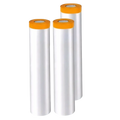 Three rolls of clear dustproof furniture protection film with bright orange caps for durable plastic covering