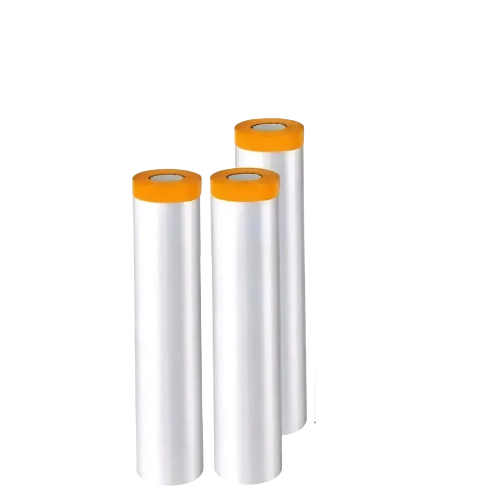 Three rolls of clear plastic dustproof furniture protection film with orange caps each measuring 36.83 cm high