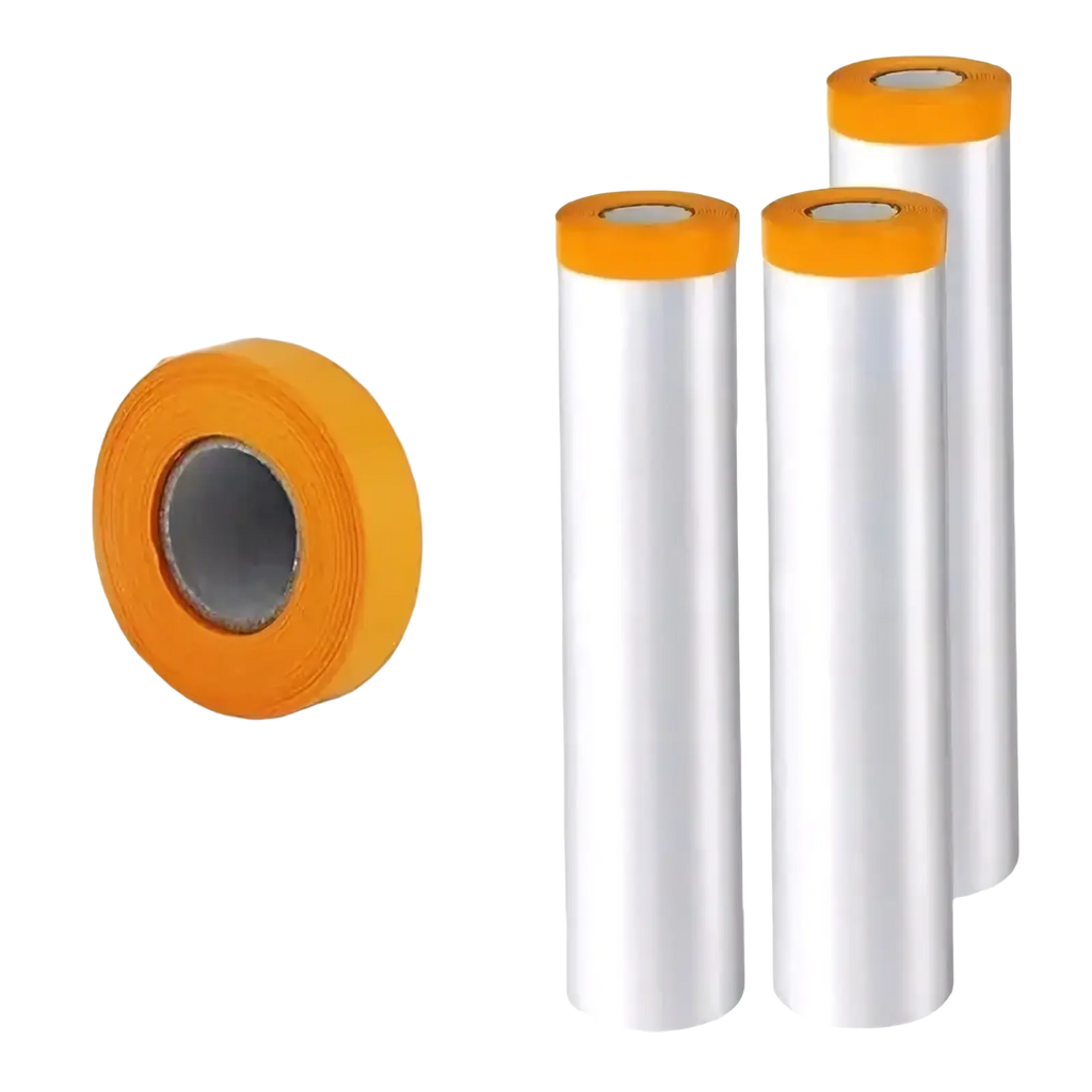 Three rolls of clear plastic dustproof furniture protection film with bright orange cores for surface protection