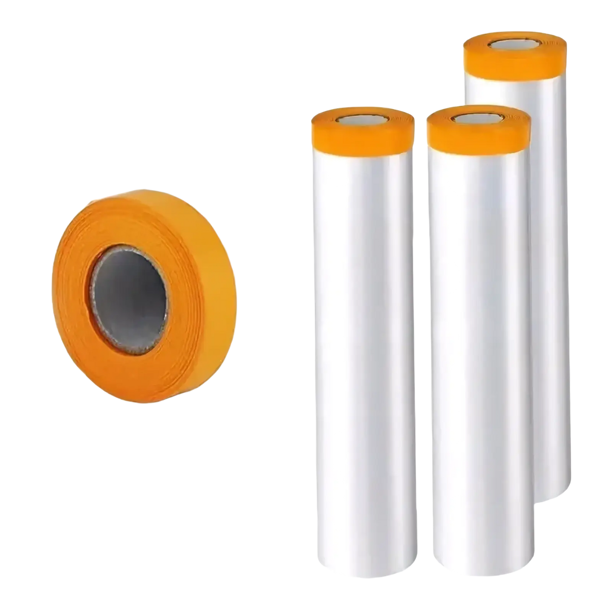 Three rolls of clear plastic dustproof furniture protection film with bright orange cores for surface protection