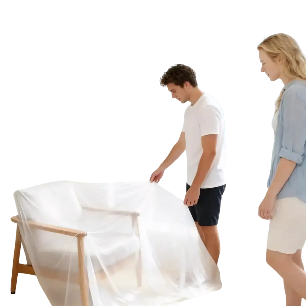 Transparent dustproof furniture protection film in clear plastic draped over a wooden-framed armchair