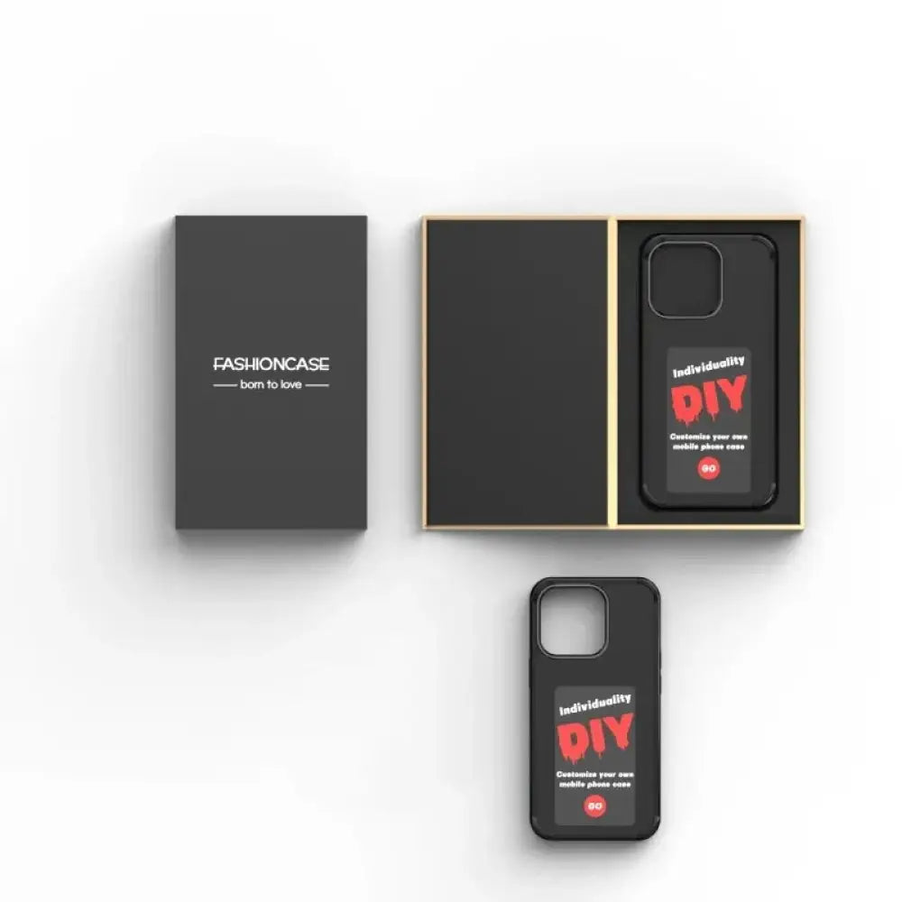 Black personalized e-ink smart display luxury phone case back with red diy text and white individuality branding on glossy surface