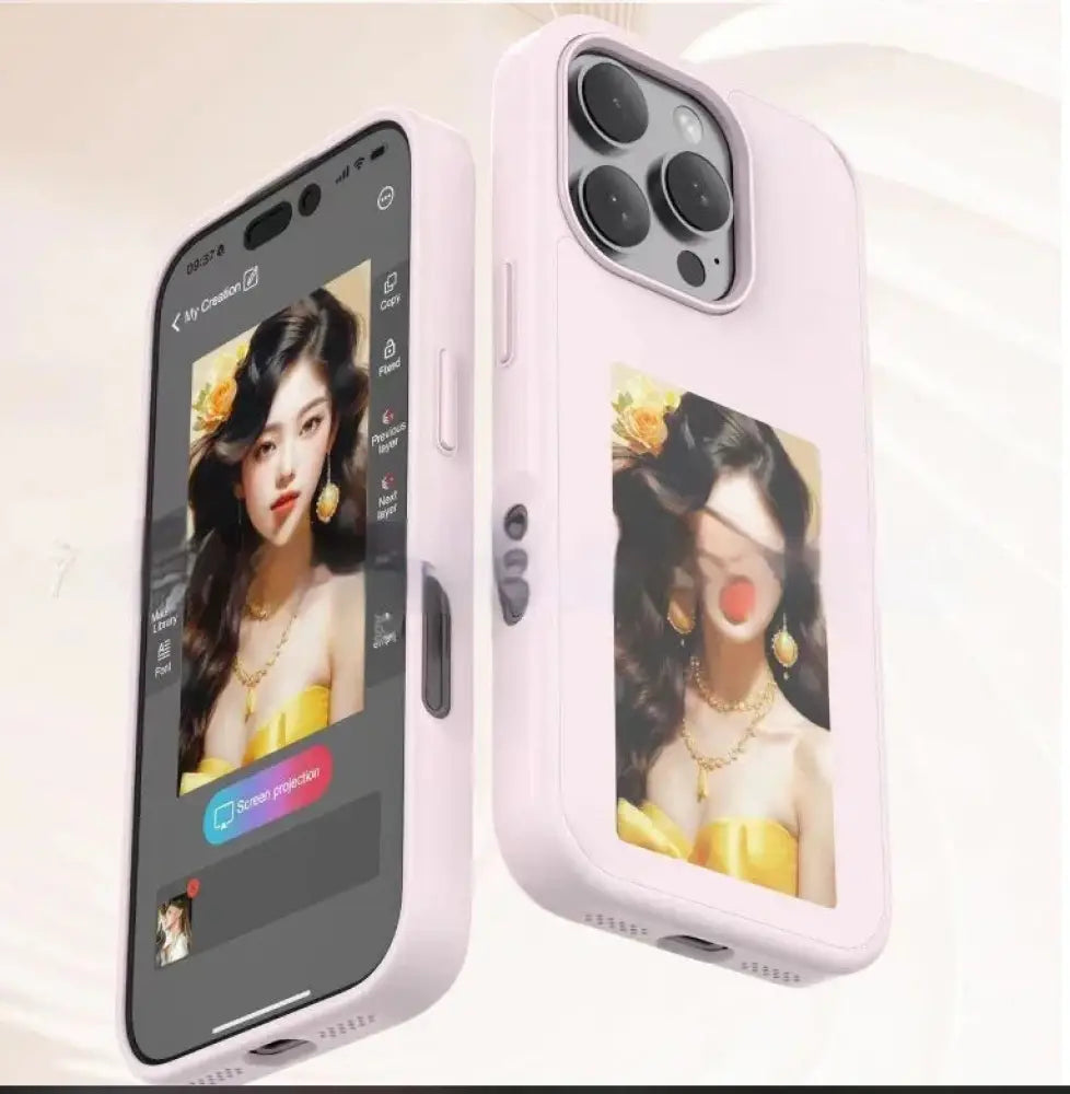 A back view of a soft lavender personalized e-ink smart display luxury phone case with a woman in a yellow dress