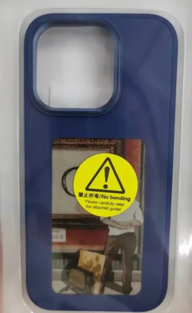 Back of a personalized blue e-ink smart display luxury phone case with a yellow no bending warning sticker and image