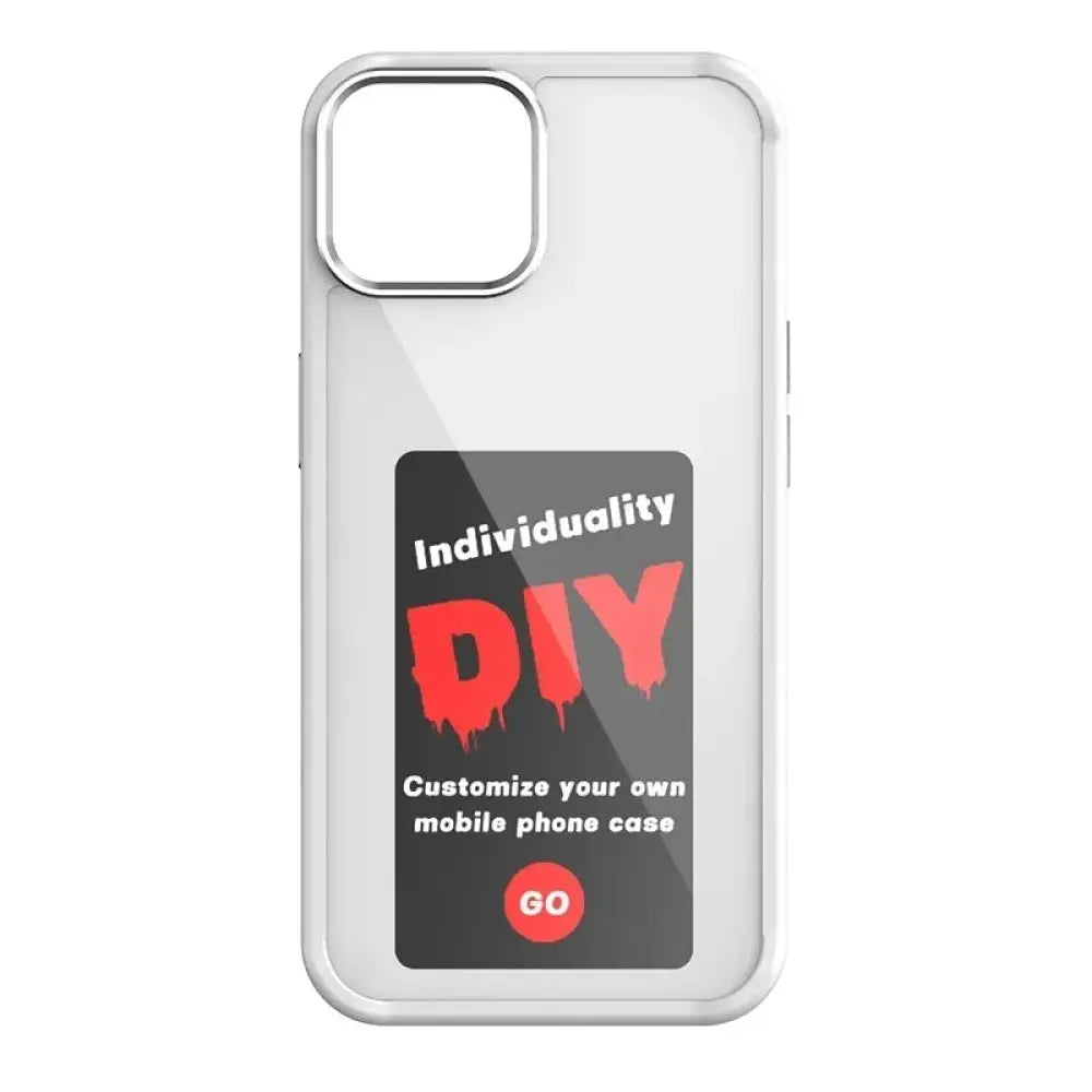 Clear luxury e-ink smart display phone case with black sticker and red diy text shown from the back side