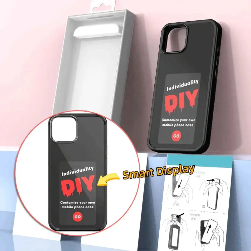 Black personalized e-ink smart display luxury phone case showing red diy text to customize your own mobile phone case