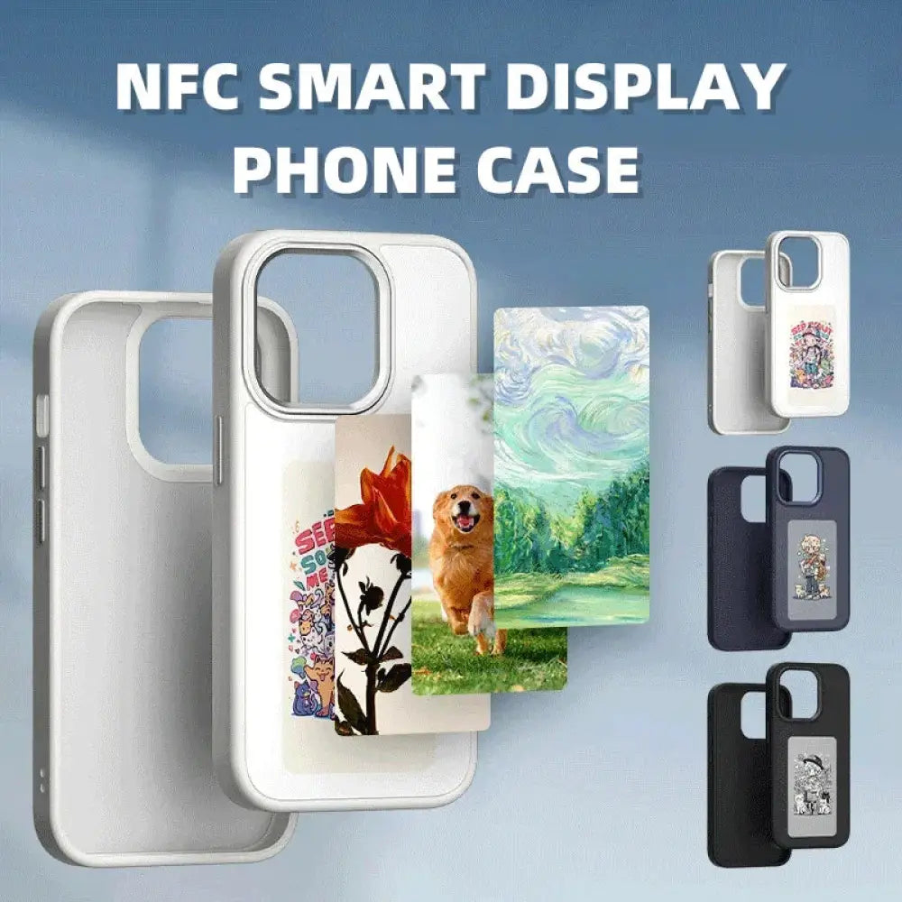 White and black nfc smart display phone cases with customizable photo prints shown from the back side