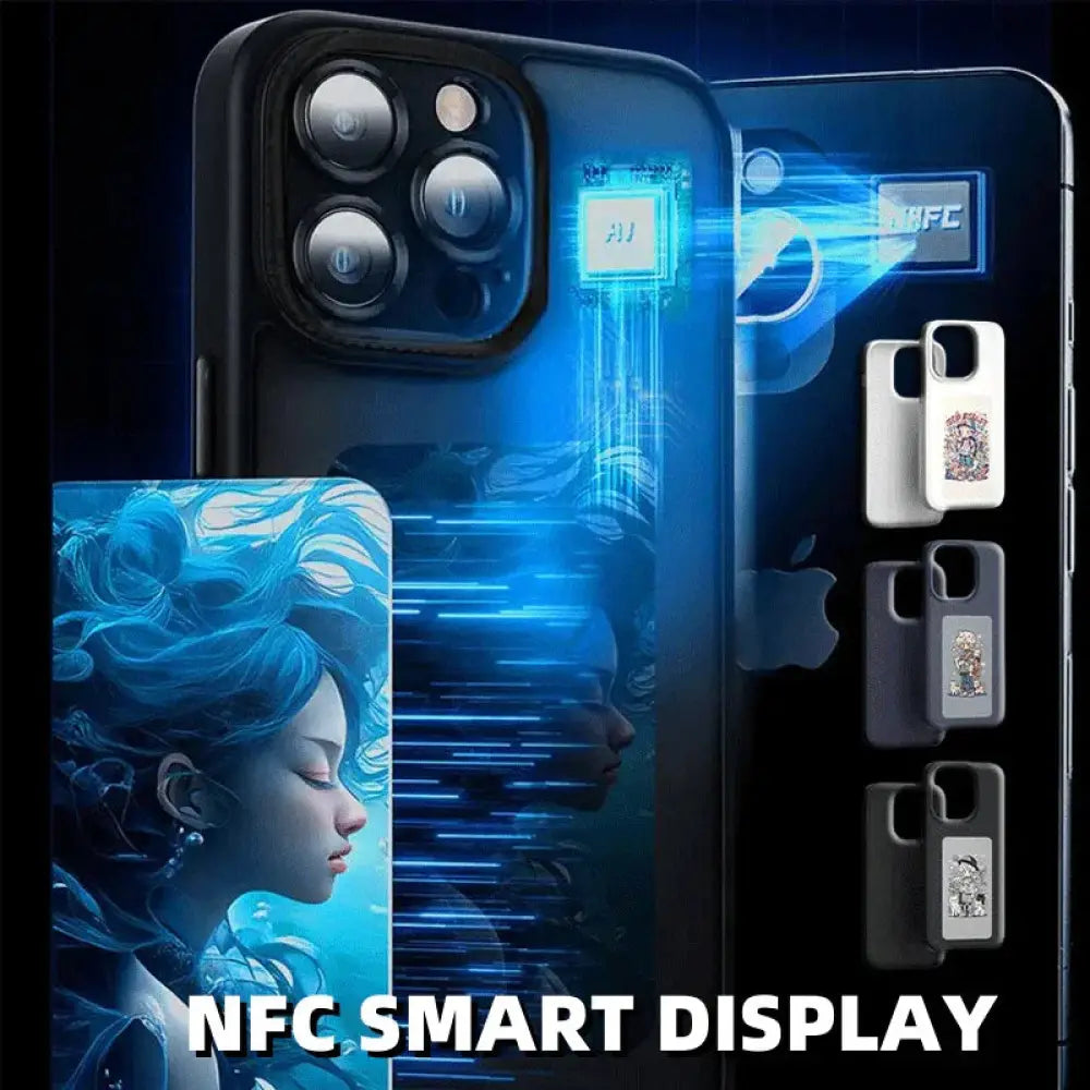 Black iphone 12 pro with glossy triple-camera system shown from the back in a personalized e-ink smart display luxury phone case