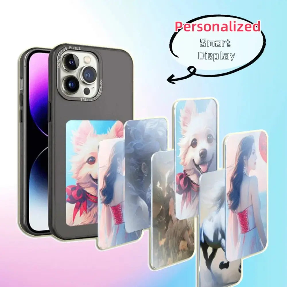 Black personalized e-ink smart display luxury phone case showing the back side with customizable photo artwork