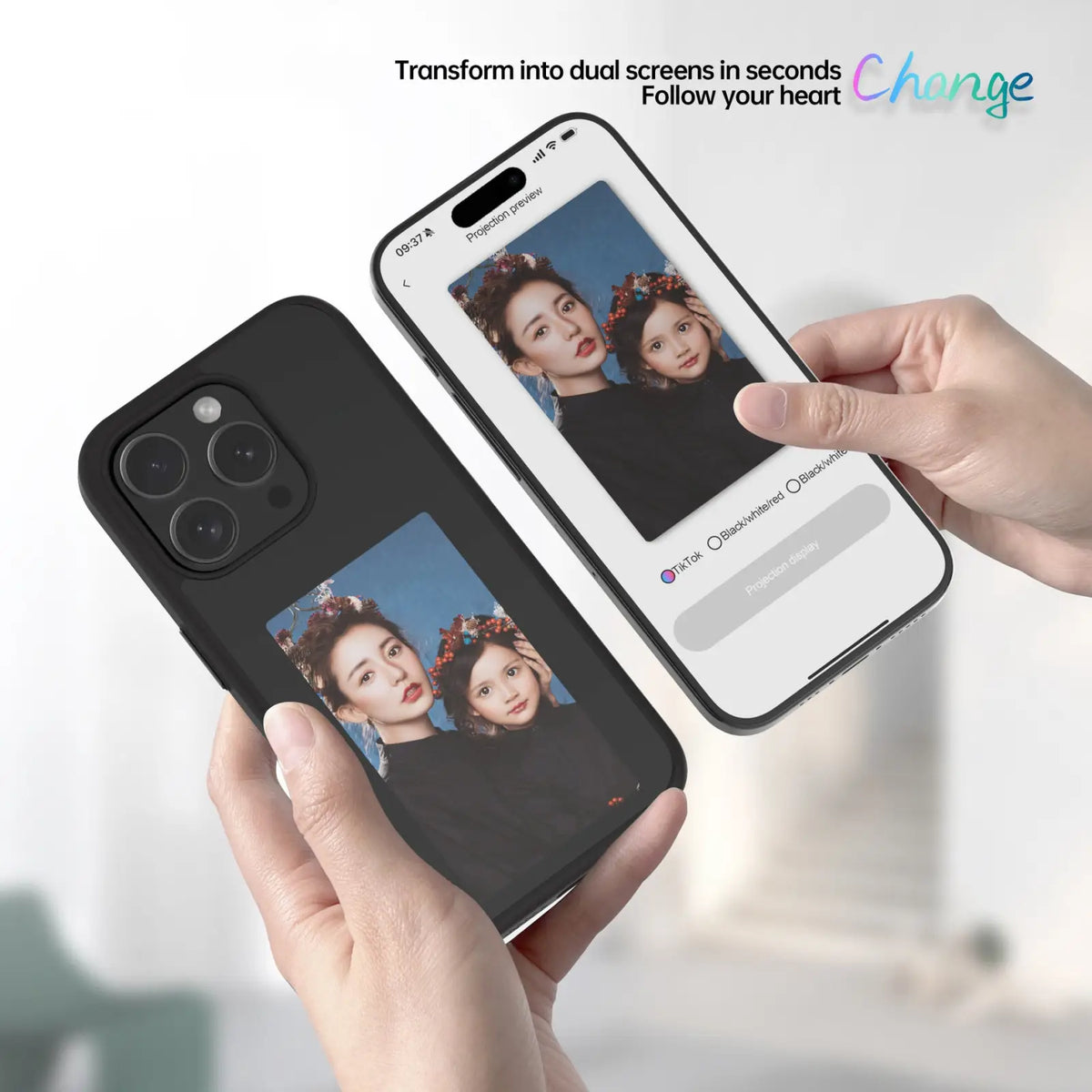 Black e ink smart phone case with customizable display showing a printed photo of two people on the back side