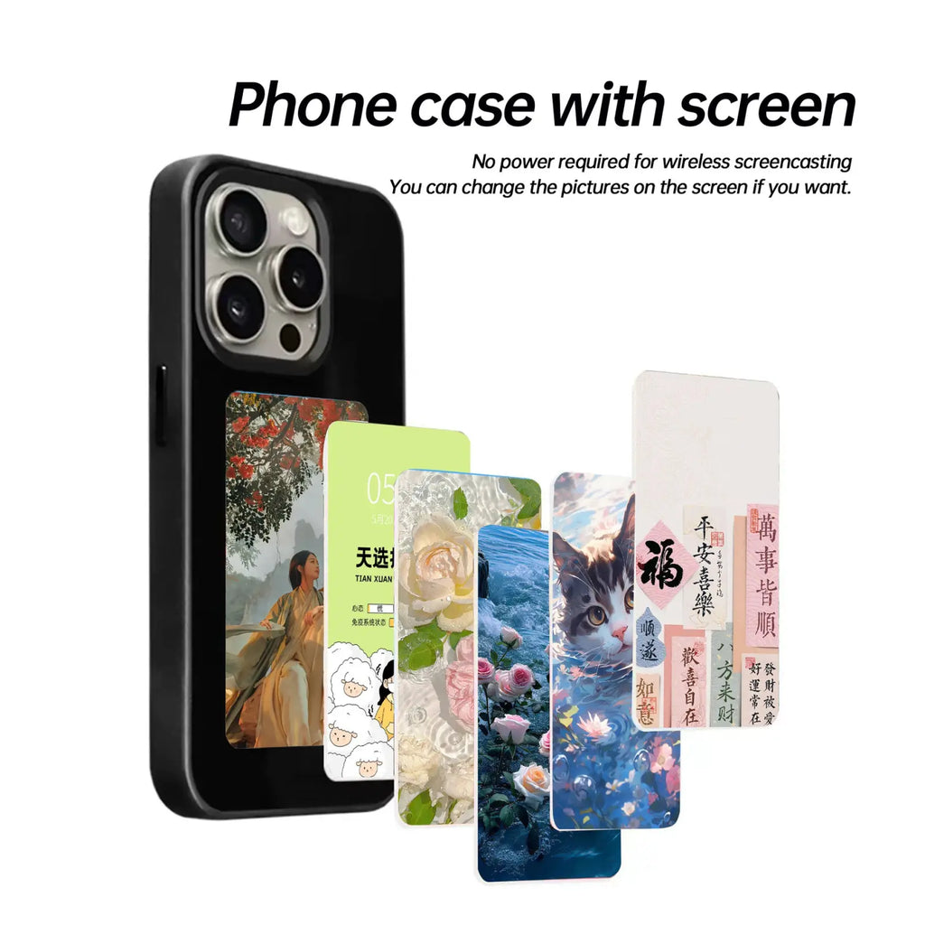 Black e ink smart phone case with sleek matte finish and customizable display options on the screen front