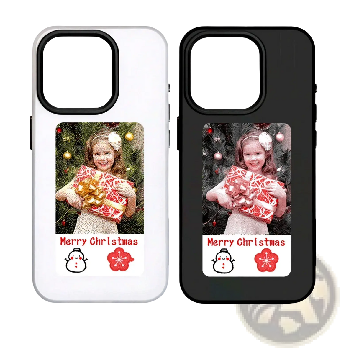 White and black e ink smart phone cases with customizable festive christmas photo and seasonal icons on the back side