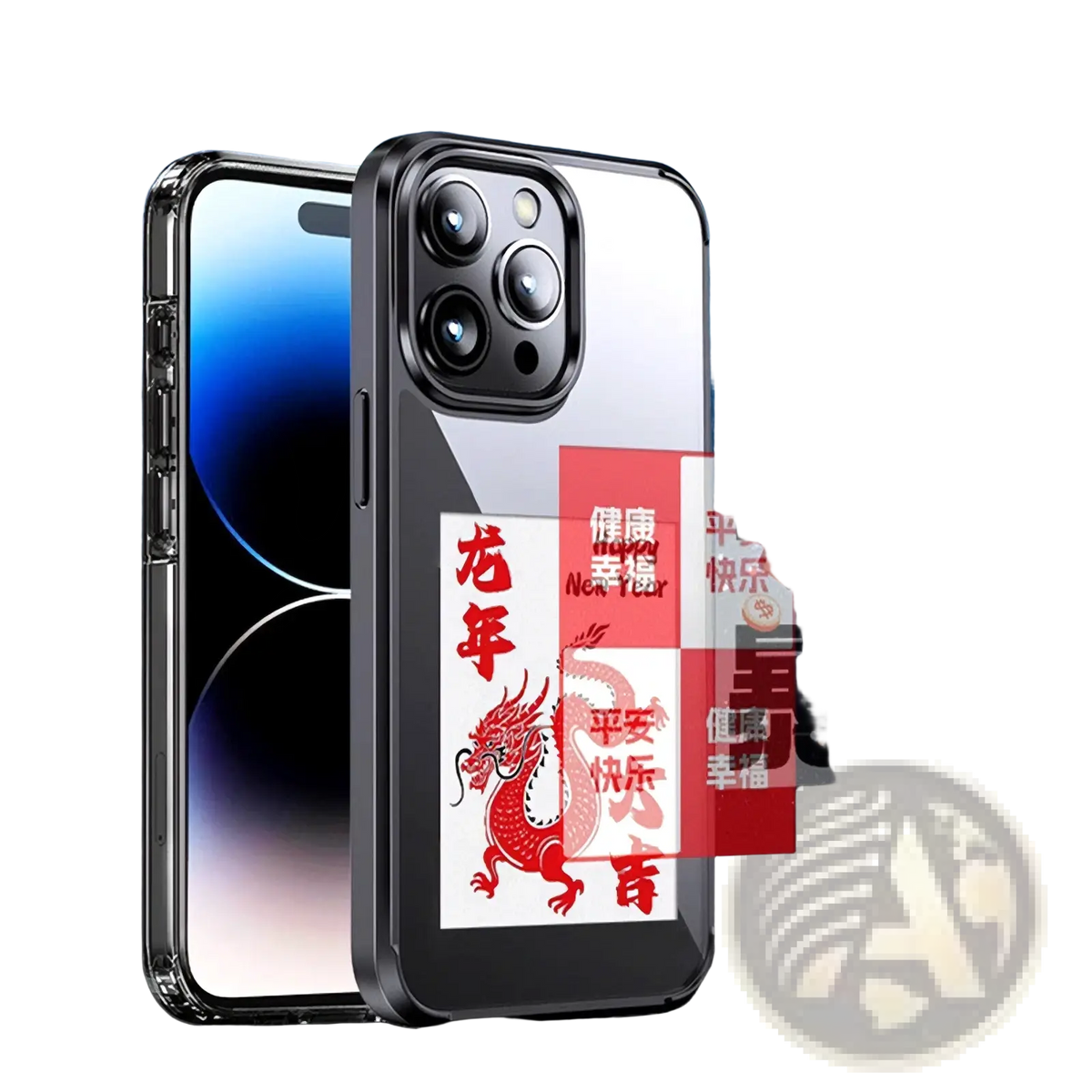 Image of the back side of an e ink smart phone case with a transparent body black frame and red dragon chinese new year design