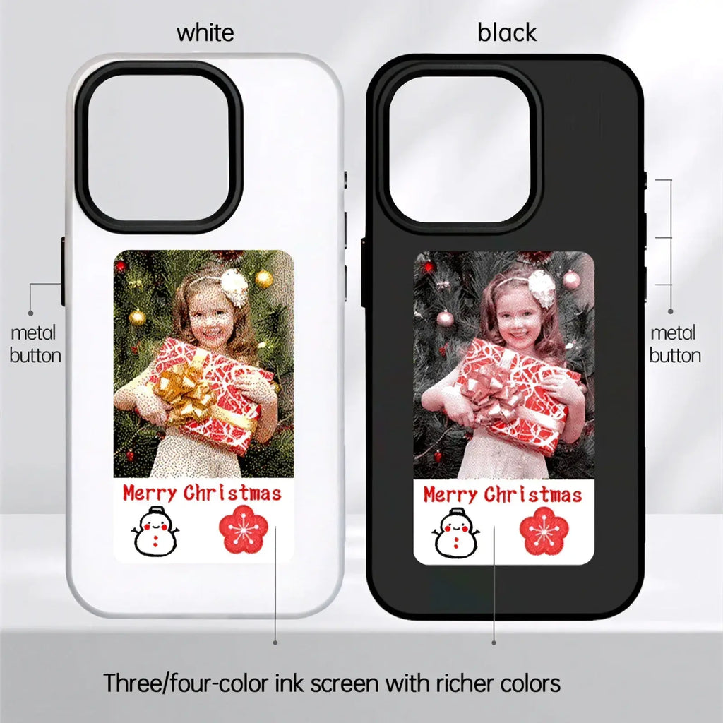 White and black e ink smart phone case customizable display showing a festive christmas photo of child holding gift on back