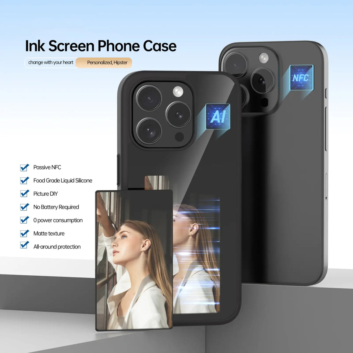 Black ink e ink smart phone case back view made of food grade liquid silicone with matte texture and customizable photo design