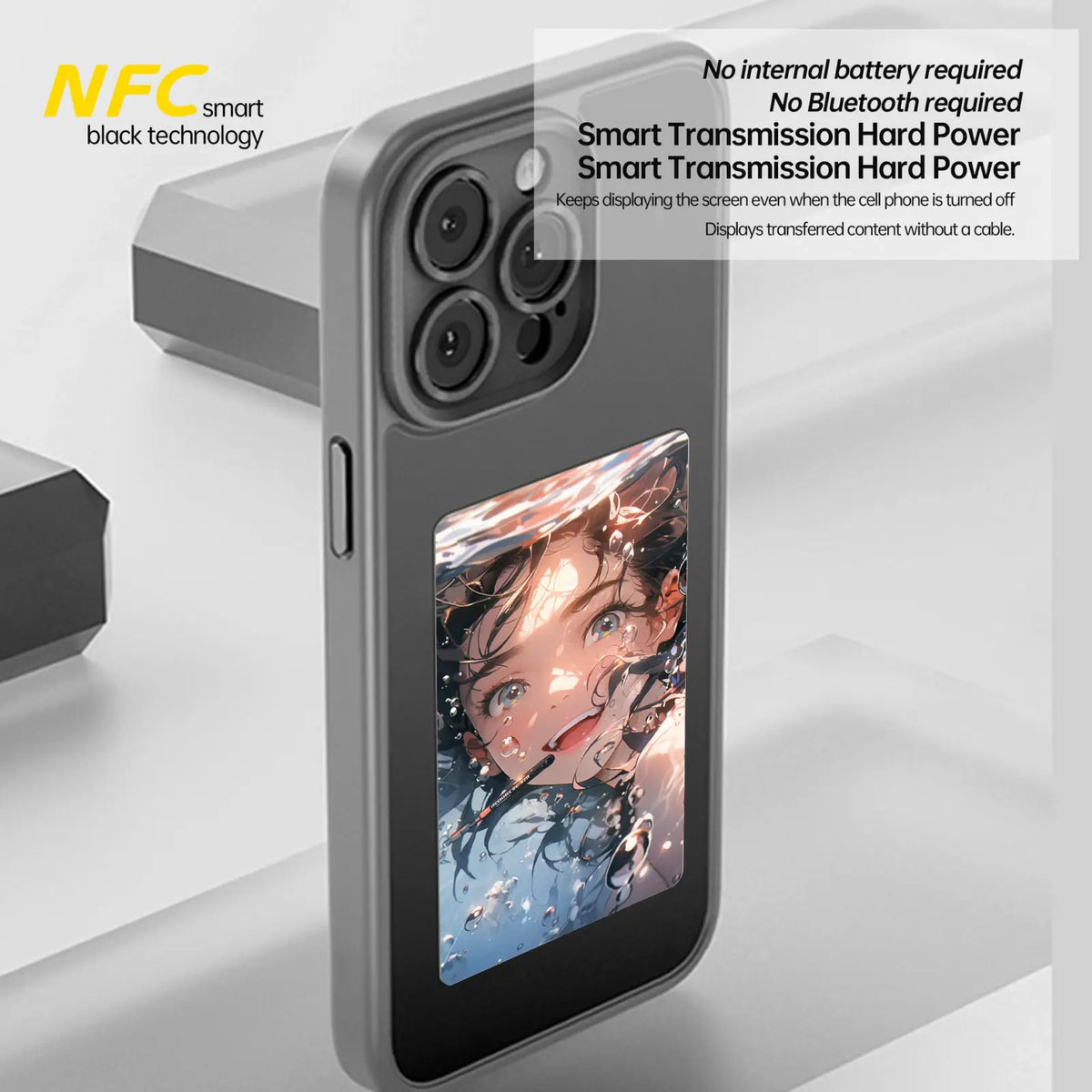 Gray e ink smart phone case with customizable display showing anime underwater scene on the back side