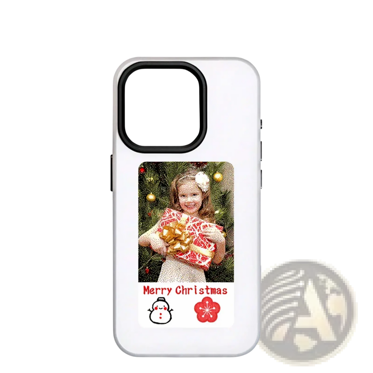 White e ink smart phone case back side with customizable christmas photo of smiling child and festive icons