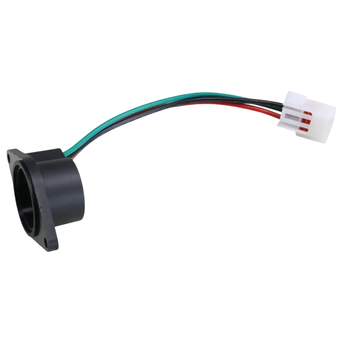 Black plastic e-way golf cart speed sensor replacement with three colored wires and white multi-pin electrical plug back view