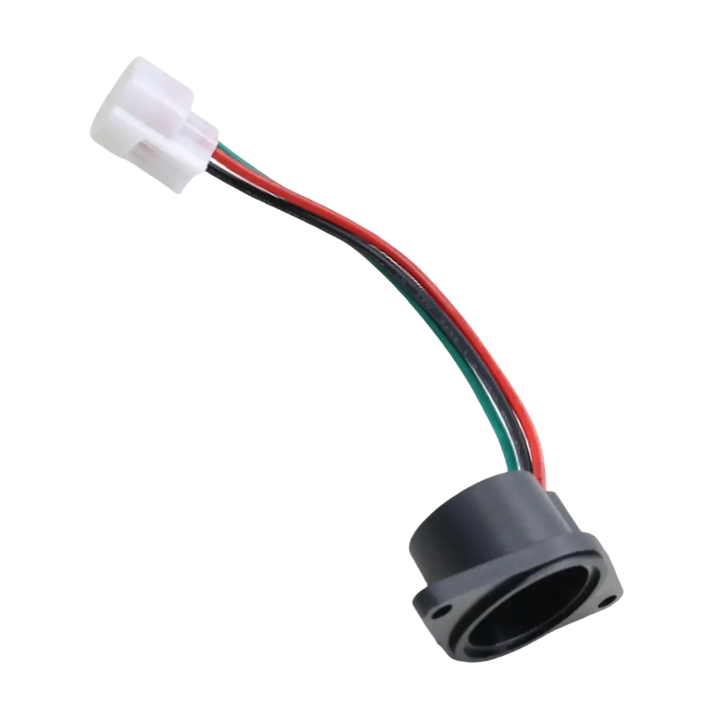 Black plastic electrical connector with white molded plug and red green black wires for e-way golf cart speed sensor replacement