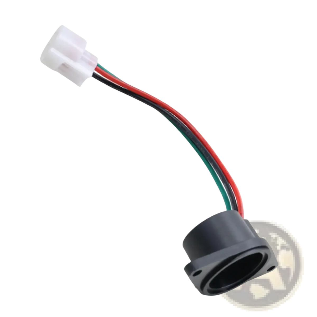 Black plastic electrical connector with white molded plug and red green black wires for e-way golf cart speed sensor replacement