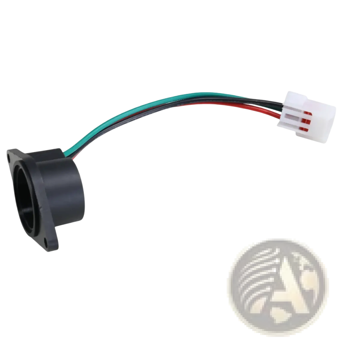 Black plastic e-way golf cart speed sensor replacement with three colored wires and white multi-pin electrical plug back view
