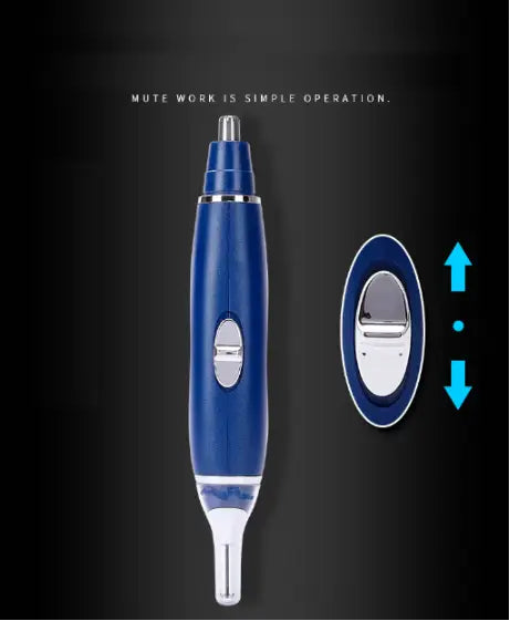 Blauer elektrischer Schnurrbart-/Nasenhaartrimmer mit silbernen Akzenten und einer klaren Schutzkappe aus dem 3-in-1-Set für elektrischen Ohren-, Nasen- und Tiernageltrimmer.