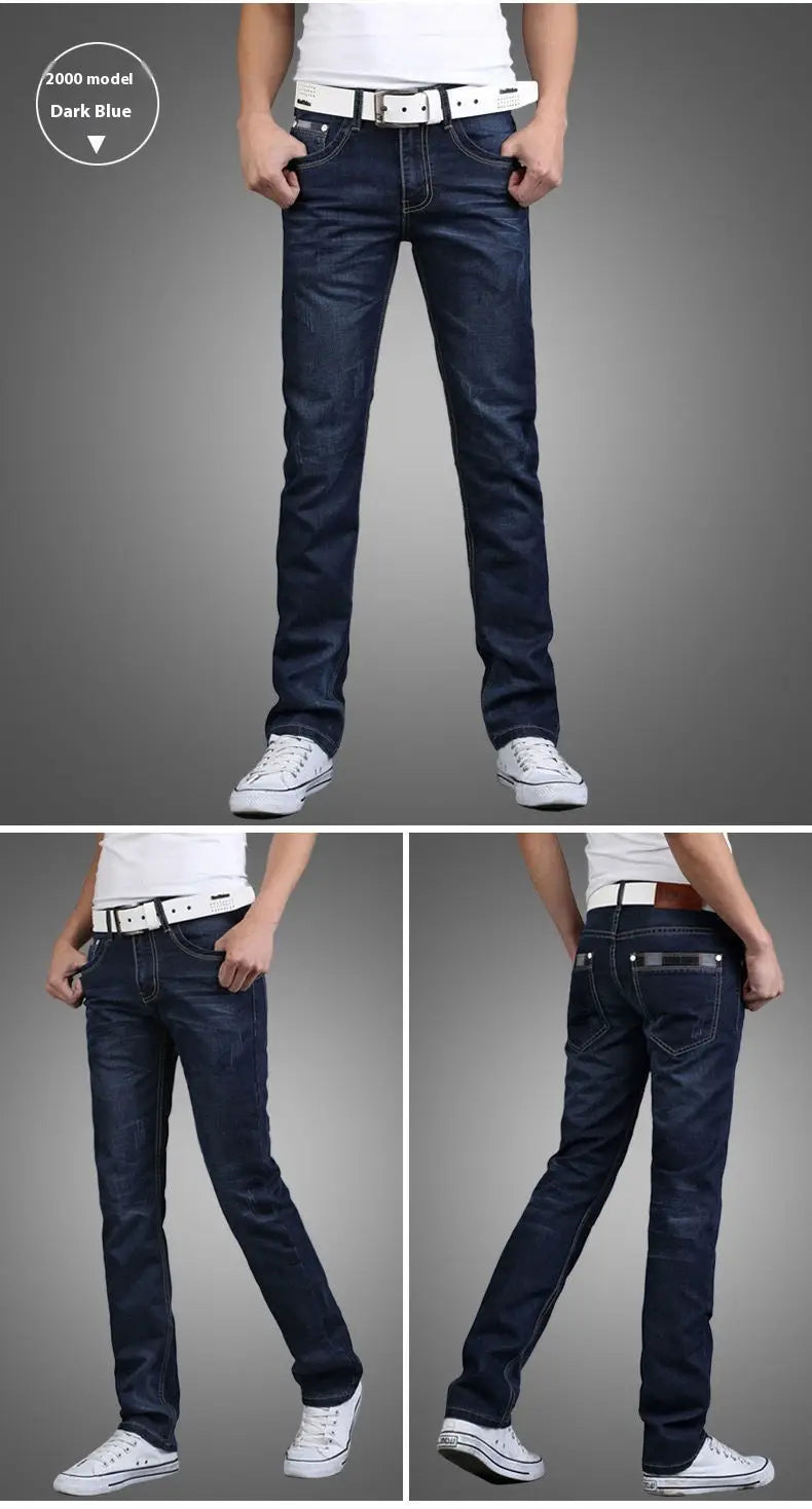 Jeans d’affaires décontractés pour homme à taille haute, coupe slim, avec élasticité, en denim bleu foncé, avec coutures classiques et passants de ceinture.