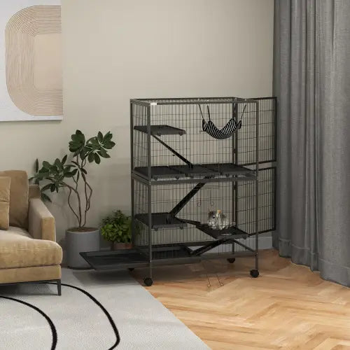 Jaula para hurones pequeños de metal negro de 5 niveles con puertas correderas de varios niveles y una hamaca en el interior para el alojamiento de la mascota.