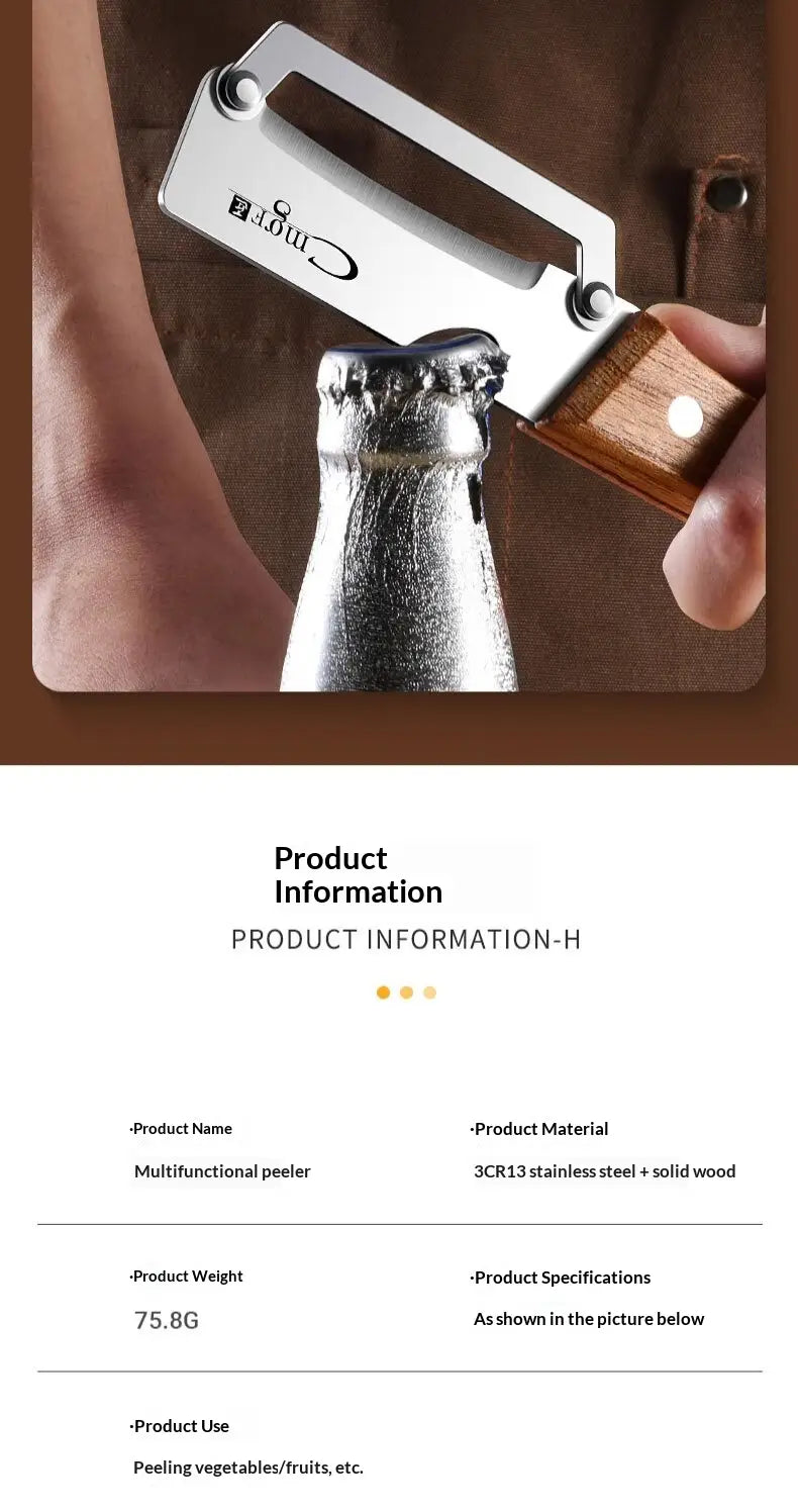 A stainless steel vegetable peeler with a polished 3cr13 stainless steel blade and a warm-toned solid wood handle designed for multifunctional use.