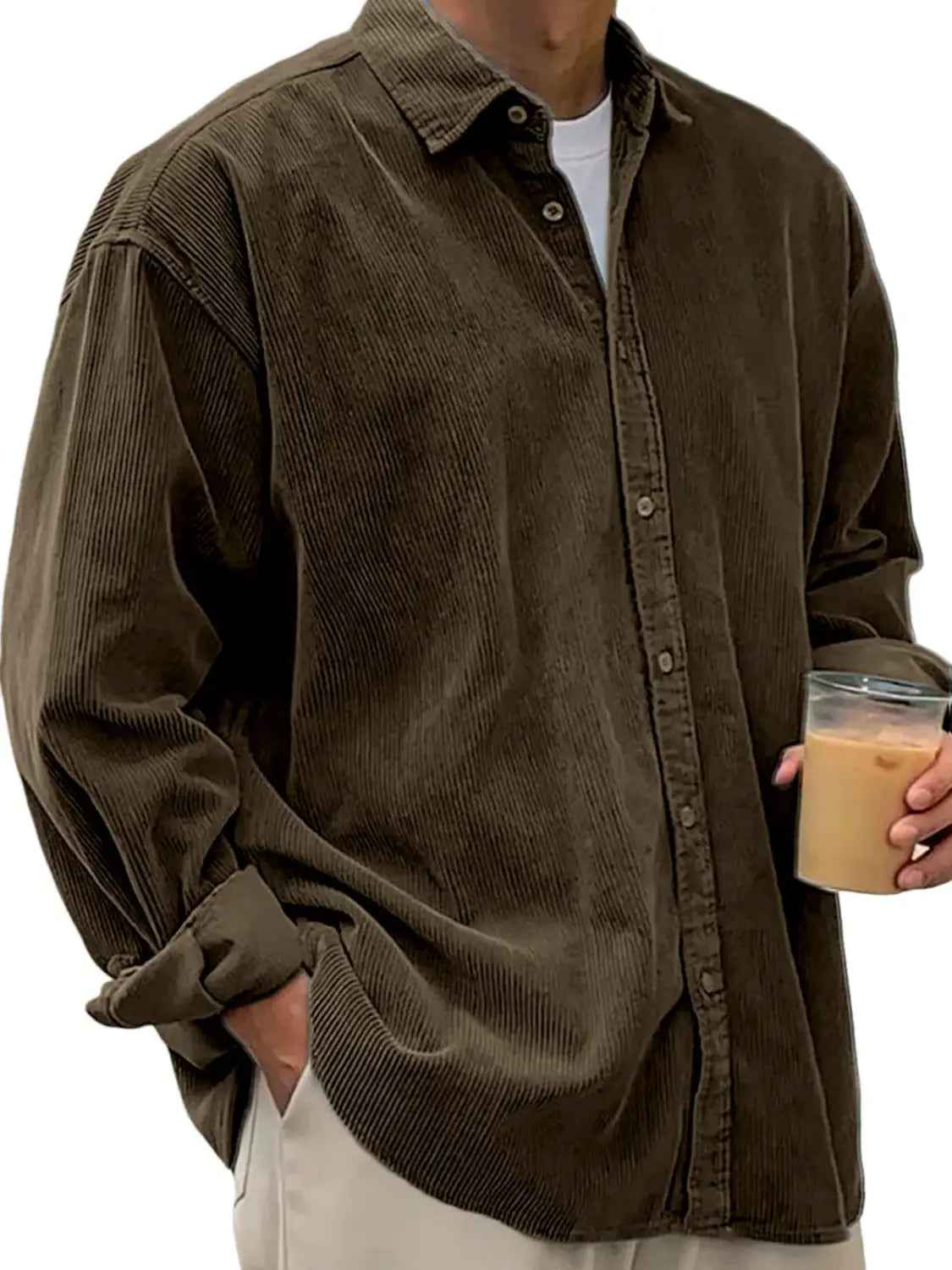 Men’s relaxed fit olive green corduroy button-up shirt jacket with a classic collar and rolled sleeves.