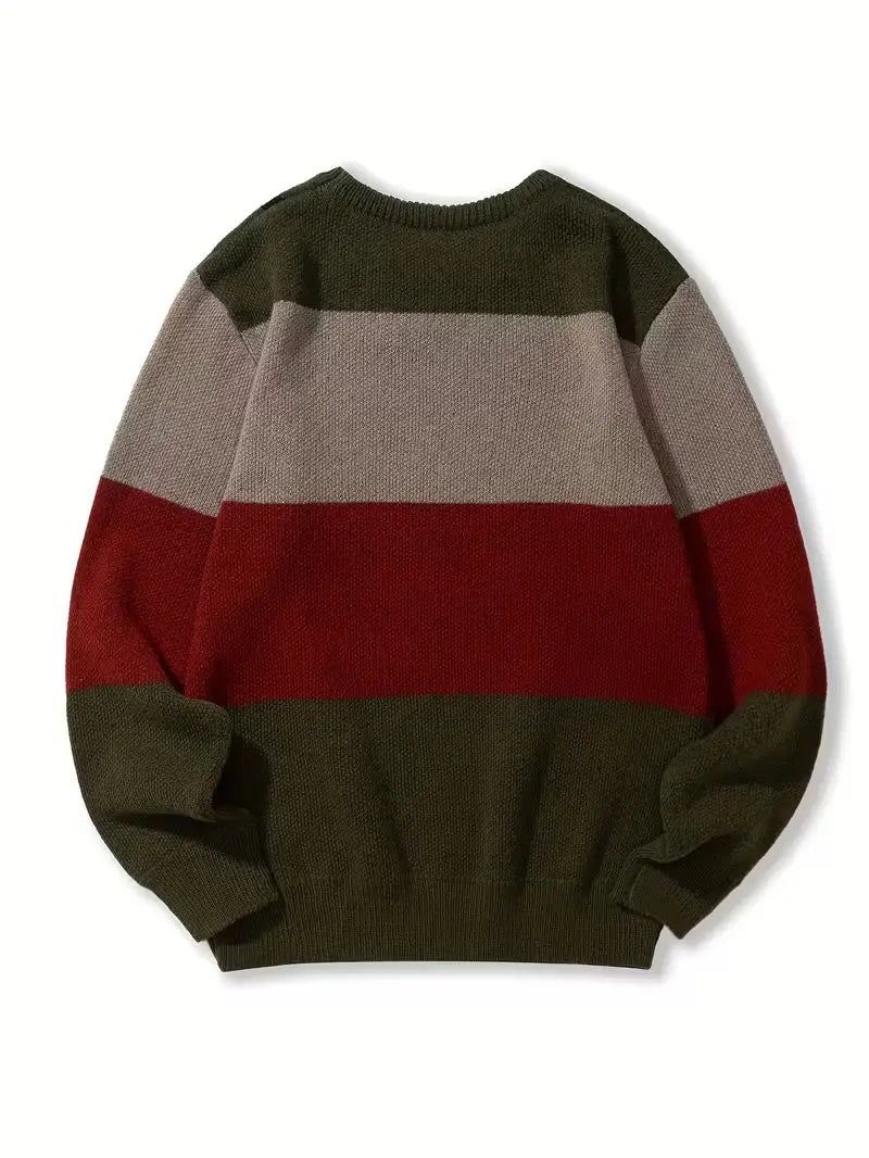 Gemütlicher Herren-Halloween-Weihnachtsurlaub-Pullover mit langen Ärmeln und horizontalen Streifen in Olivgrün, Beige und Rot.