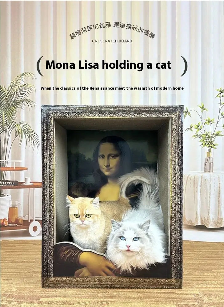 ein gerahmtes Katzenkratzbrett mit einem gedruckten „Mona Lisa“-Motiv und zwei flauschigen Katzen auf ihrem Schoß, eingefasst in einen prunkvollen dunkelmetallischen Rahmen, gestaltet als „Mona Lisa“-Katzenkissen-Kratzbrett mit prunkvollem Rahmen