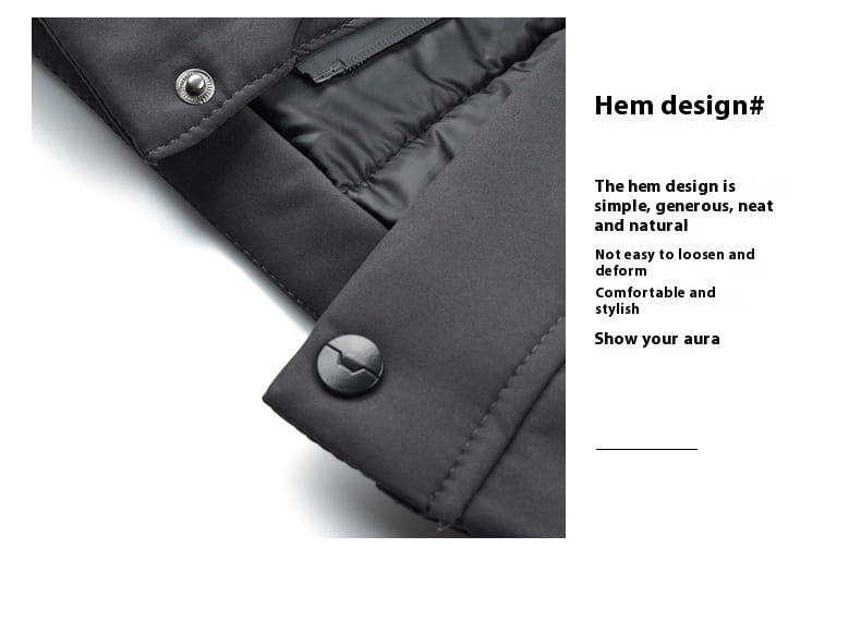 Abrigo de invierno acolchado con capucha para hombre en tejido acolchado negro con cierres de botones con acabado tono plateado y un dobladillo limpio y ordenado.