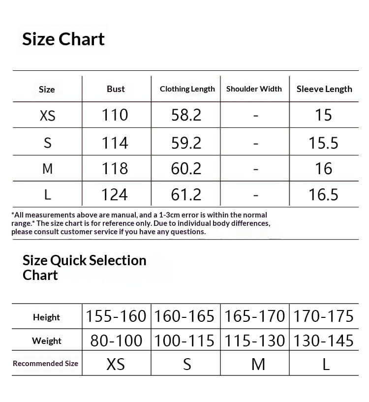 Size chart for a lavender off-the-shoulder ruffle blouse showing measurements and recommended sizes based on height and weight ranges.