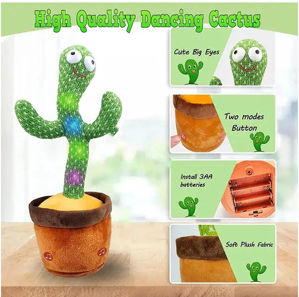 Jouet de cactus en peluche vert avec de grands yeux et des lumières à DEL colorées, dans un pot brun, comprenant 120 chansons et des effets lumineux vibrants.