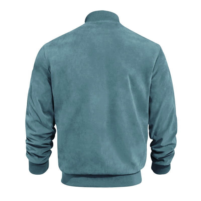 Men suede casual retro jacket in teal suede with ribbed cuffs and hem designed as a bomber jacket.
