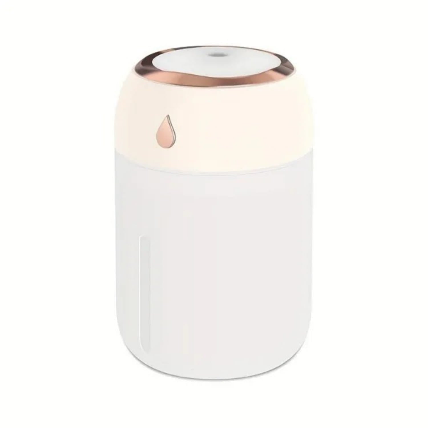 A sleek white and rose gold ultrasonic USB desktop humidifier with a minimalist design, matte finish, and metallic accents featuring a night light.