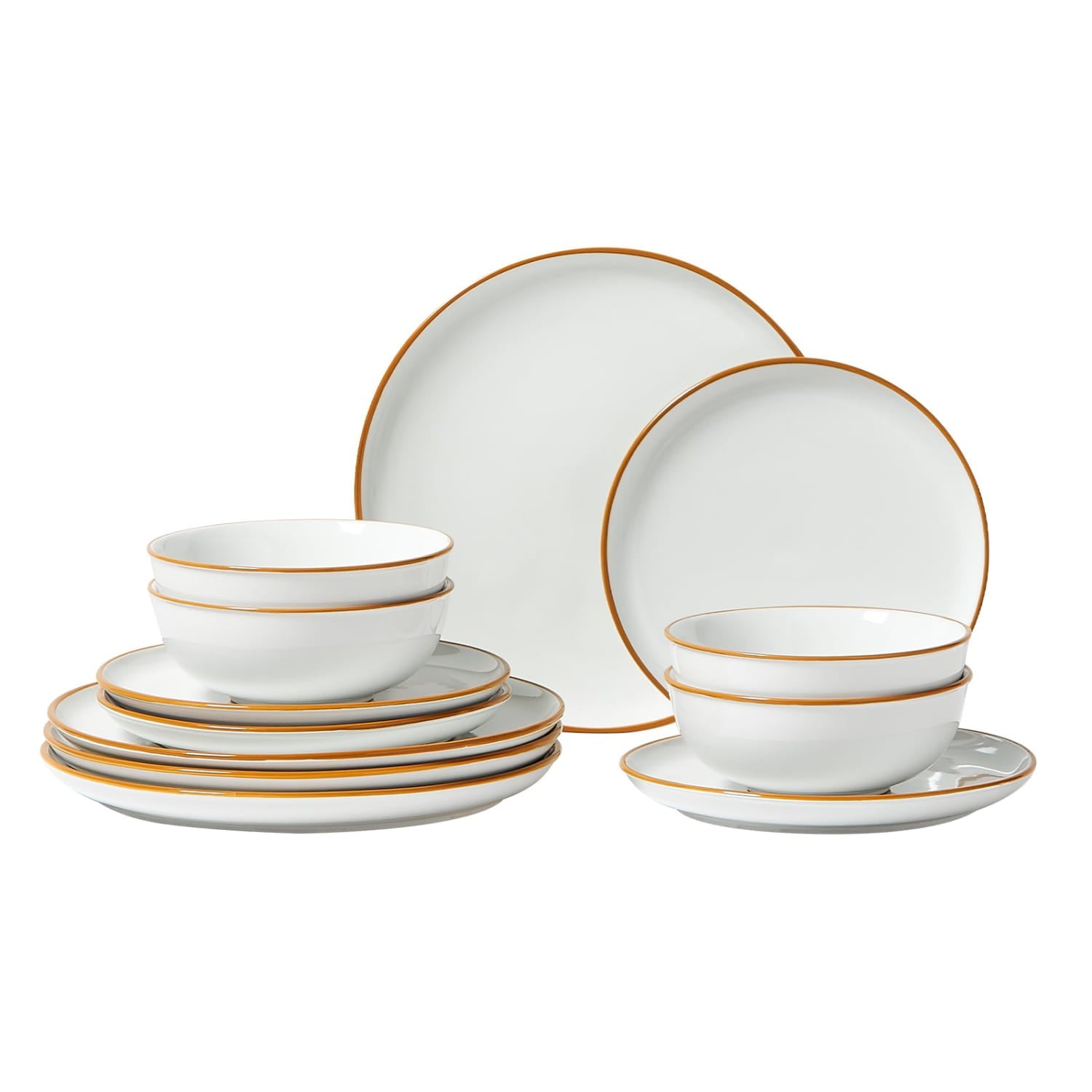 White ceramic dinnerware set with elegant gold rims featuring 12 pieces for sophisticated dining.