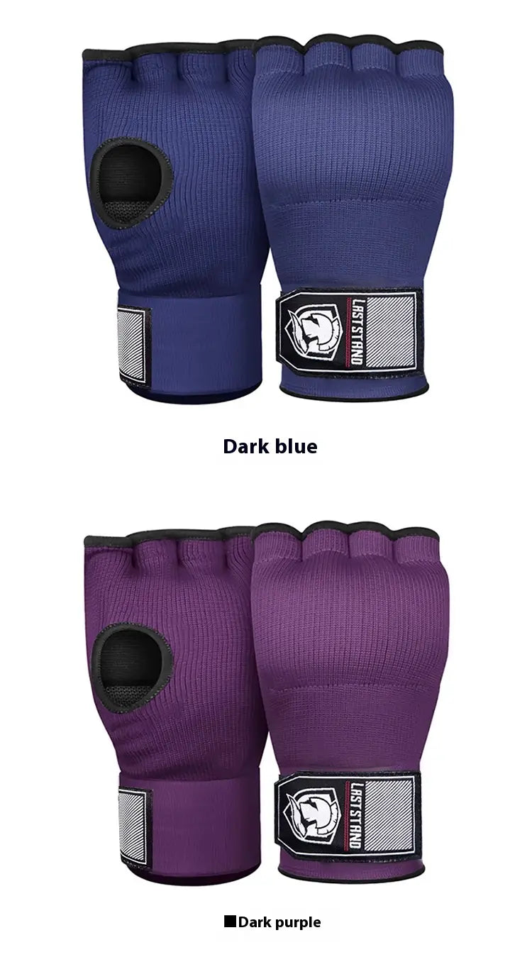 Gel boxing hand wrap gloves fitness half finger shown from the back with dark blue and dark purple textured knit fabric, black reinforced wrist straps, and branded patches on each hand.