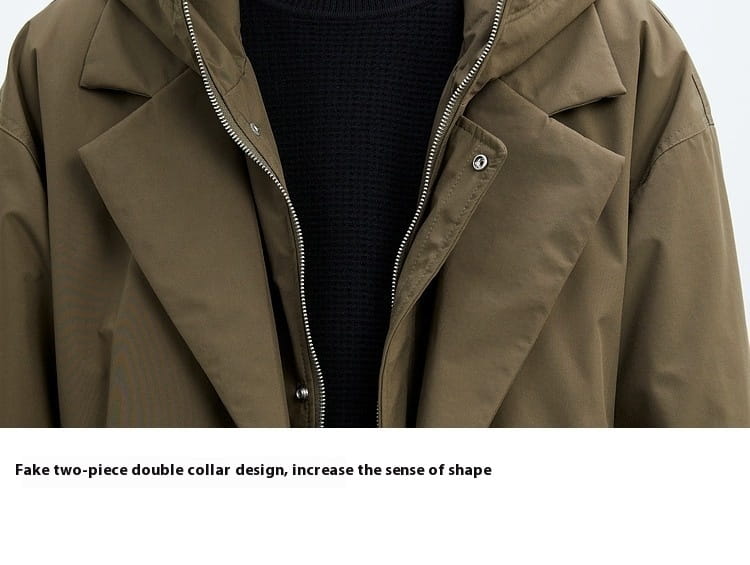 Men hooded trench coat in olive green featuring a faux double collar and silver zipper detailing, designed for winter wear.