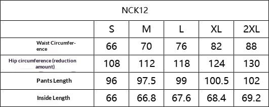 Ncck12 size chart showing waist hip and length measurements for linen wide leg high waisted pants in sizes s to 2xl.