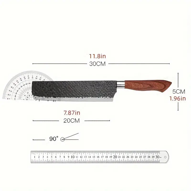 A sleek chef’s knife from a 6 piece hammered steel kitchen knife set with case featuring a hammered stainless steel blade and a polished wooden handle.