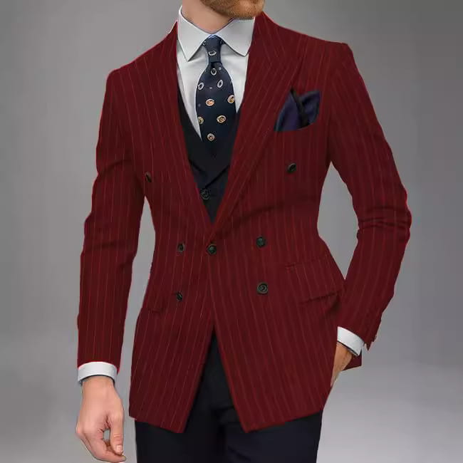 Men double breasted slim suit jacket in rich burgundy with vertical pinstripes and dark green buttons designed for formal occasions.