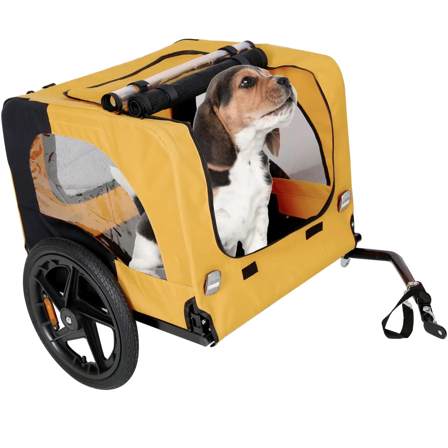 Yellow heavy duty foldable dog bicycle trailer in yellow and black with clear side panels, front wheel, and hitch attachment for pet transport.