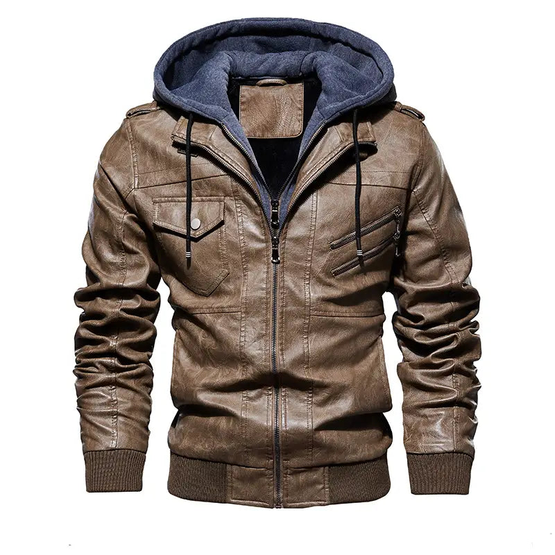 Men’s brown pu leather hooded jacket with navy blue fleece-lined interior and ribbed cuffs.