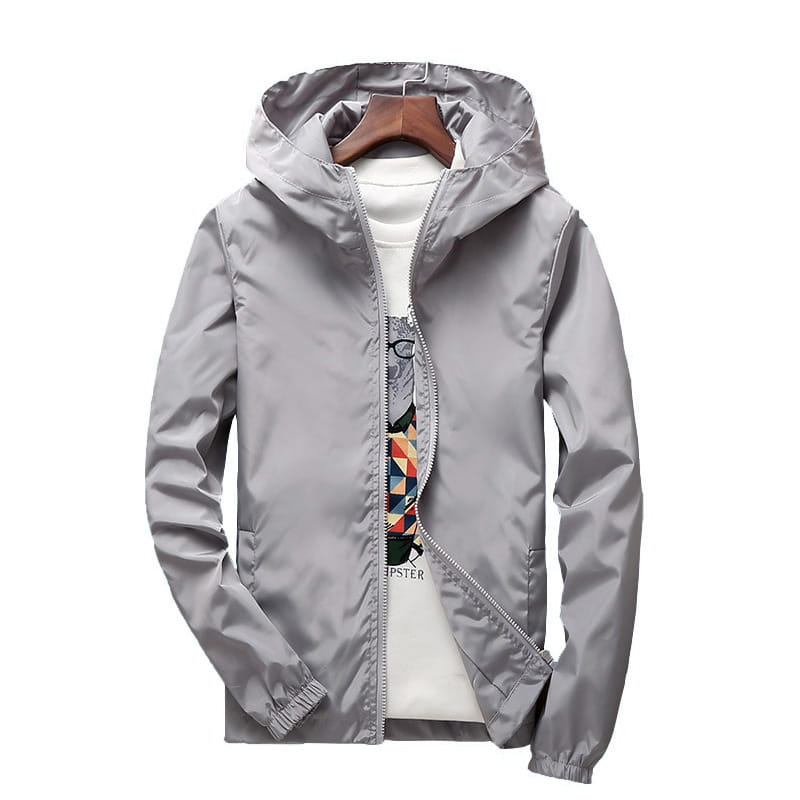 Gray hooded zipper jacket with subtle sheen, front zipper, and elastic cuffs for casual wear for men and women.