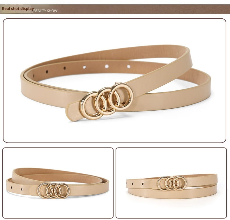 Cinturón de cuero beige para mujer con hebilla triple anilla de tono dorado de la colección de cinturones de cuero con triple anilla blanca.