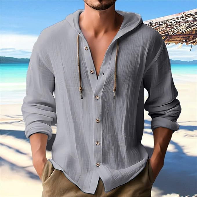Camisa de cárdigan con capucha ligera para hombre en gris claro, con mangas largas, cierre frontal con botones y detalles de cordón.