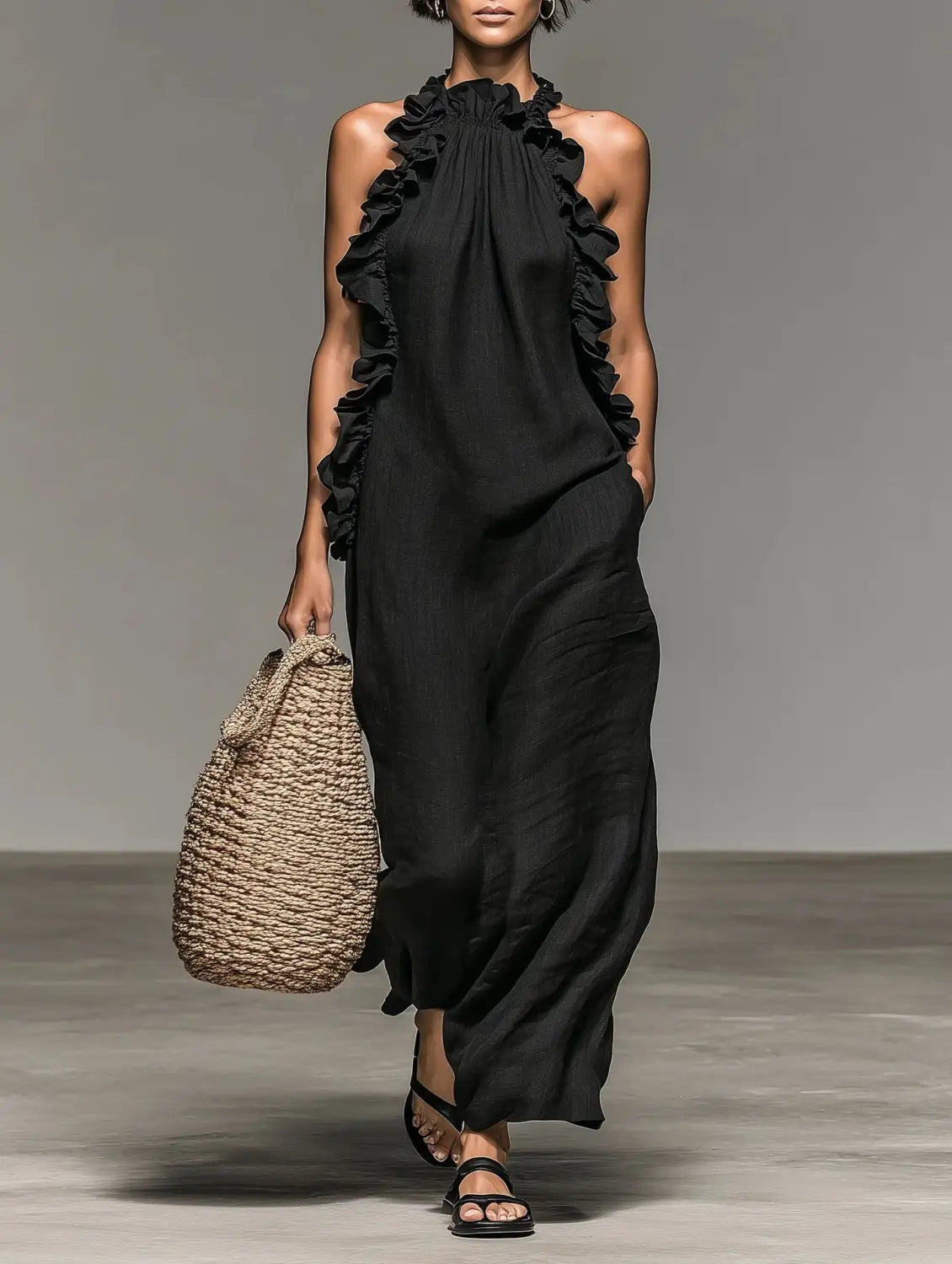 Robe de villégiature longue maxi noire à encolure licou à volants, avec tissu fluide et dos nu, présentée du côté arrière.