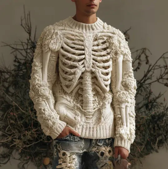 Un pull en maille couleur crème à motif de squelette 3D, avec un motif richement détaillé à l’avant et sur les manches, adapté comme pull décontracté.